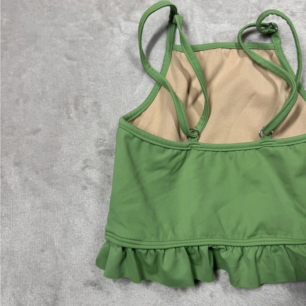 Kortni Jeane Green Adjustable Straps Ruffle Hem Square Neck Bathing Suit Top 2/3